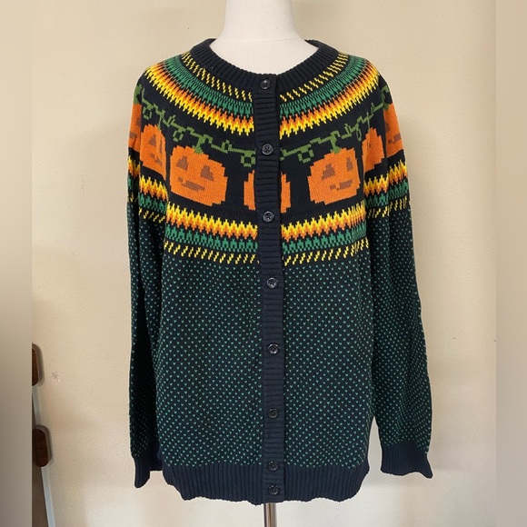 ModCloth Halloween Spooky Pumpkin Jack-o'-lantern Cardigan Sweater - Picture 1 of 3